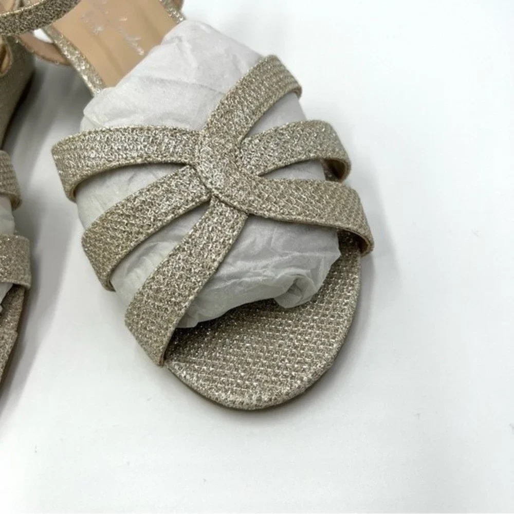 Paradox London Womens Size 7‎ Jackie Low Wedge Champagne Shimmer Dress Sandals